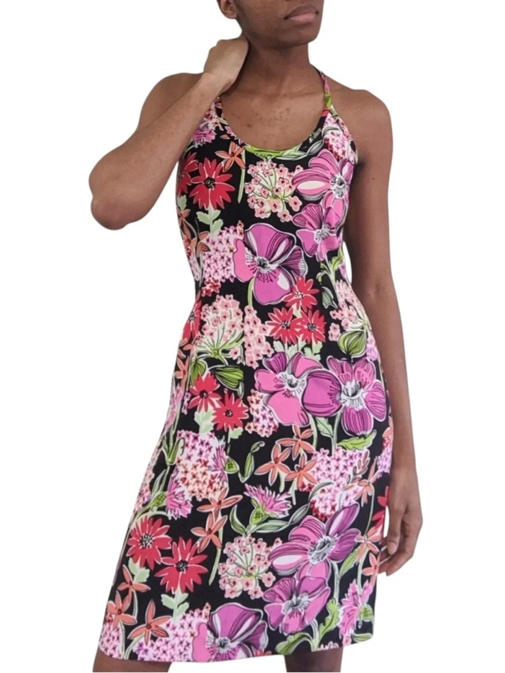 Lilly Pulitzer Vintage Silk Black Floral Halter Dress Size 4 Small Hawaiian Pink